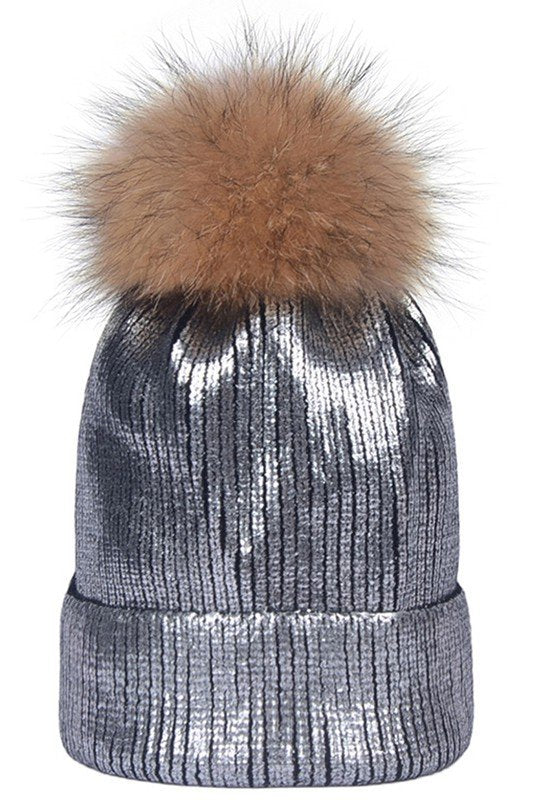 METALLIC SPARKLY FLUFFY POM POM BEANIE