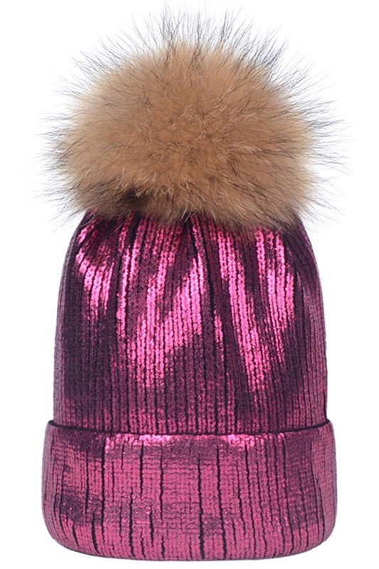 METALLIC SPARKLY FLUFFY POM POM BEANIE