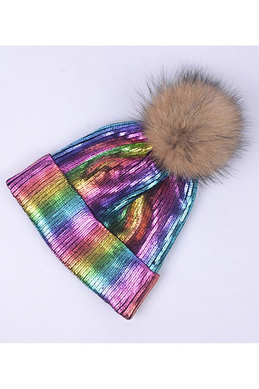 METALLIC SPARKLY FLUFFY POM POM BEANIE