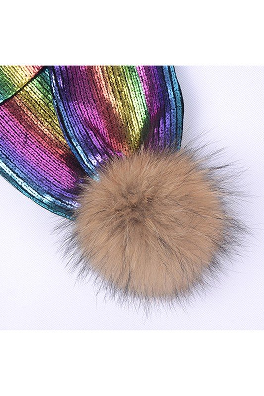 METALLIC SPARKLY FLUFFY POM POM BEANIE