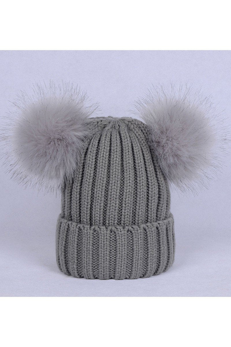 DOUBLE FLUFFY POM POM SIMPLE KNIT BEANIE