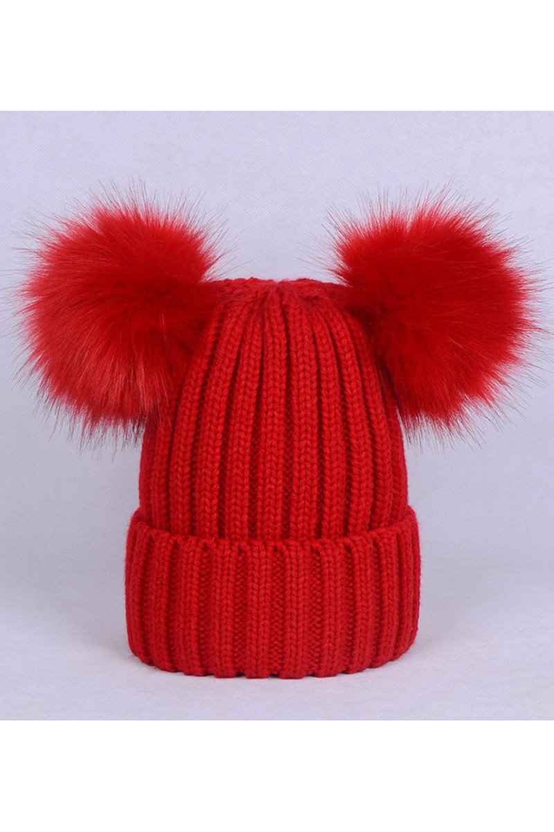 DOUBLE FLUFFY POM POM SIMPLE KNIT BEANIE