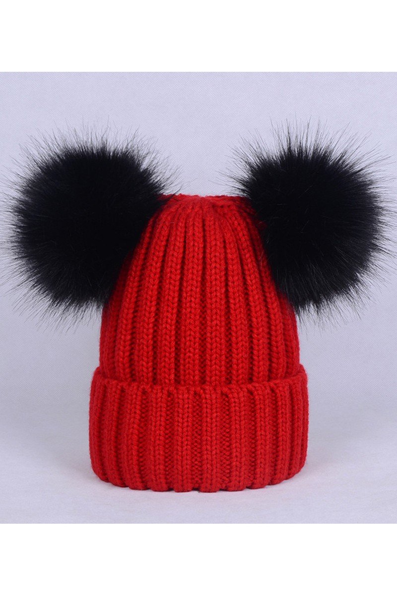 DOUBLE FLUFFY POM POM SIMPLE KNIT BEANIE