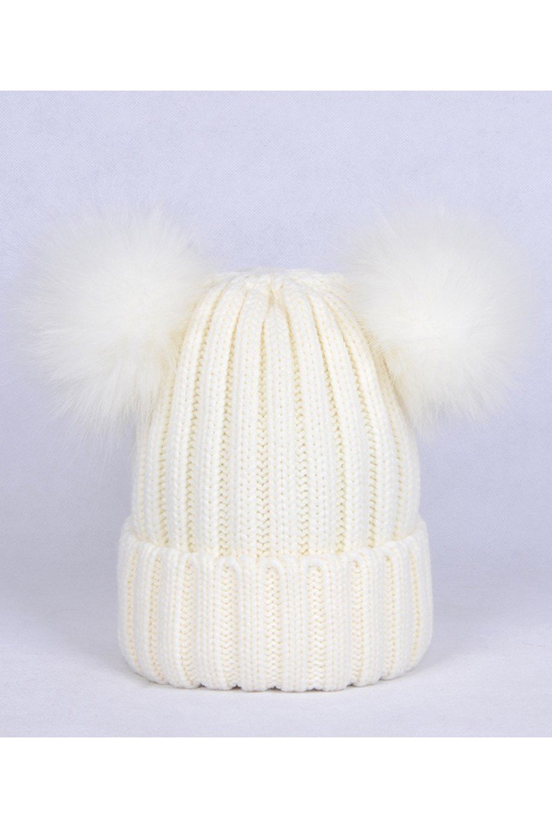 DOUBLE FLUFFY POM POM SIMPLE KNIT BEANIE