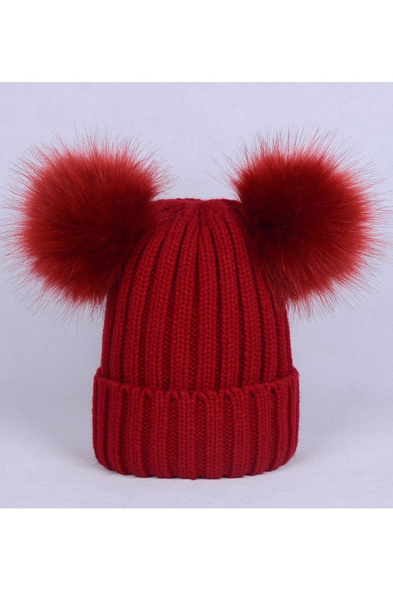 DOUBLE FLUFFY POM POM SIMPLE KNIT BEANIE