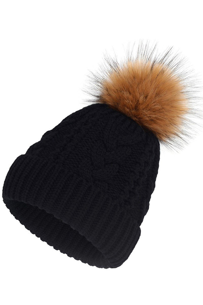 FLUFFY POM POM BASIC TWISTED KNIT BEANIE