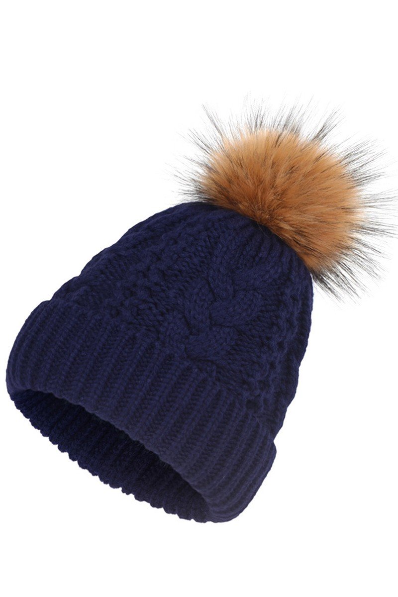 FLUFFY POM POM BASIC TWISTED KNIT BEANIE