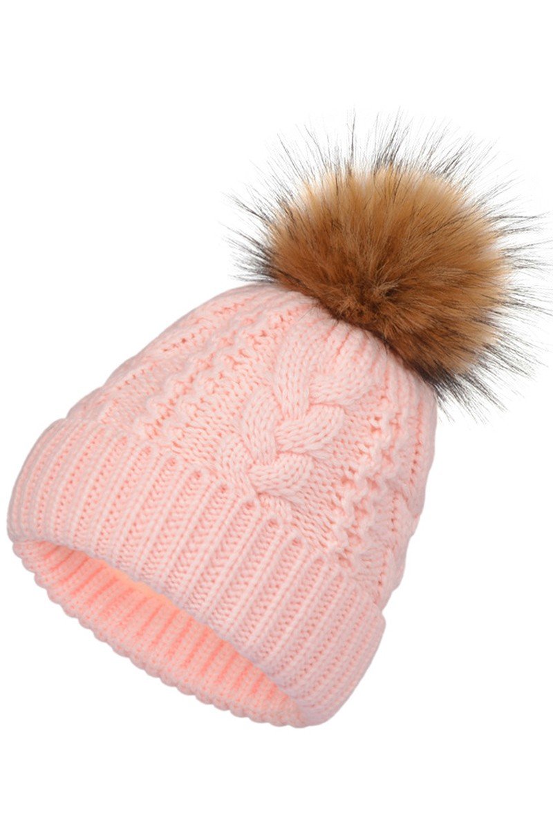 FLUFFY POM POM BASIC TWISTED KNIT BEANIE