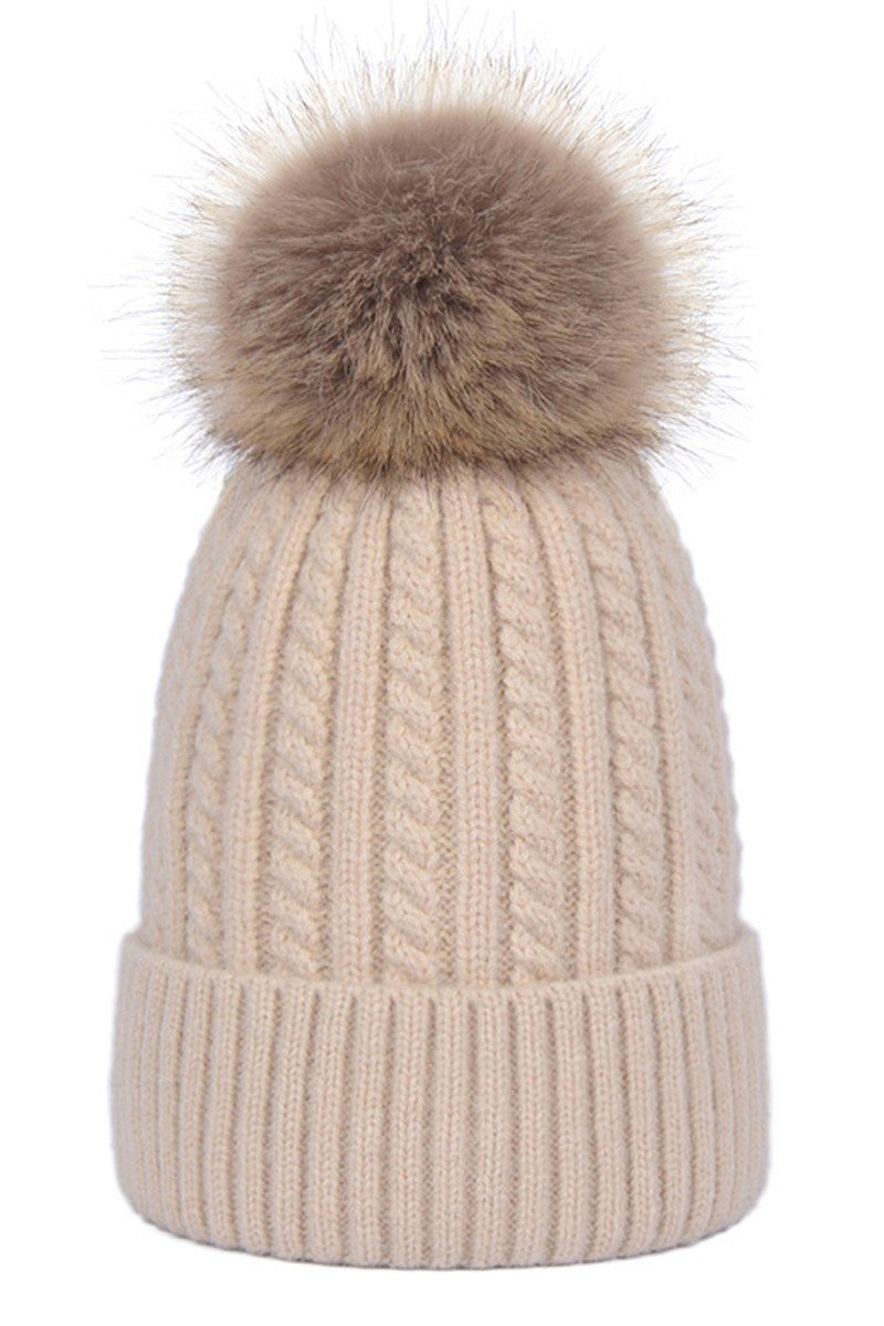 FLUFFY POM POM TWISTED CABLE KNIT BEANIE WARM HAT