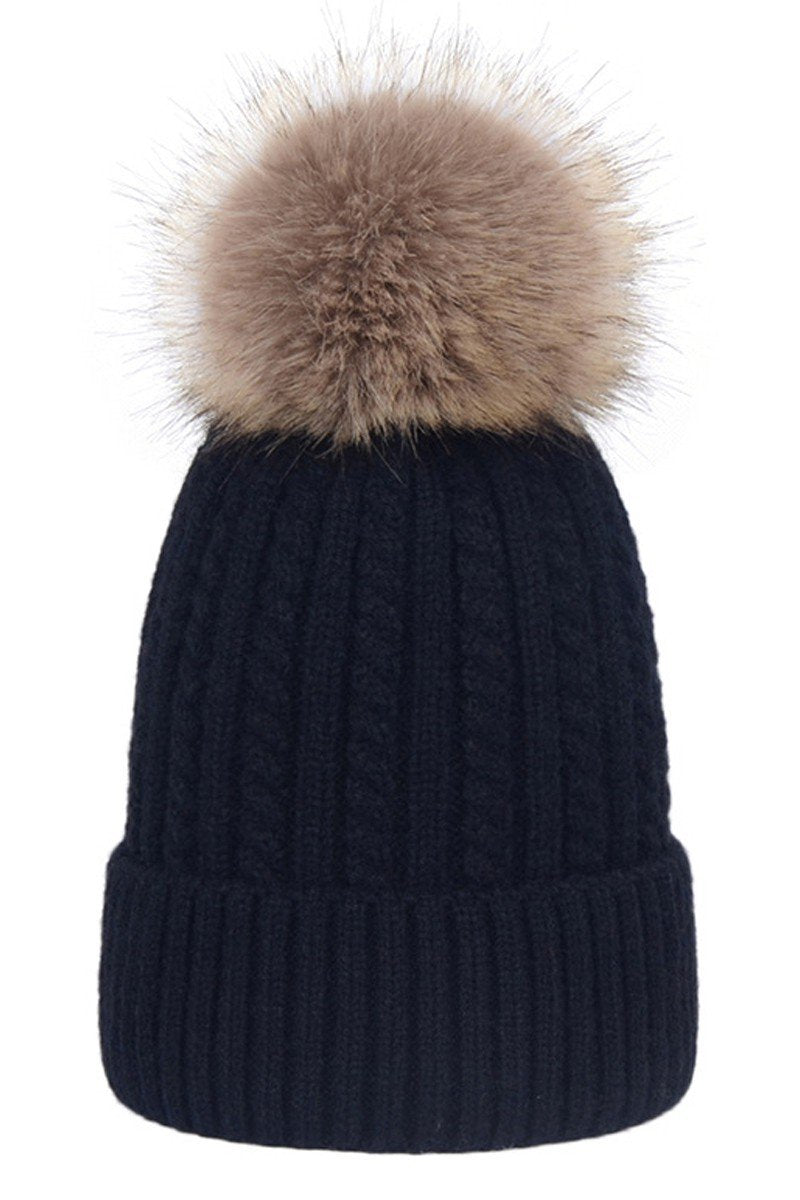 FLUFFY POM POM TWISTED CABLE KNIT BEANIE WARM HAT