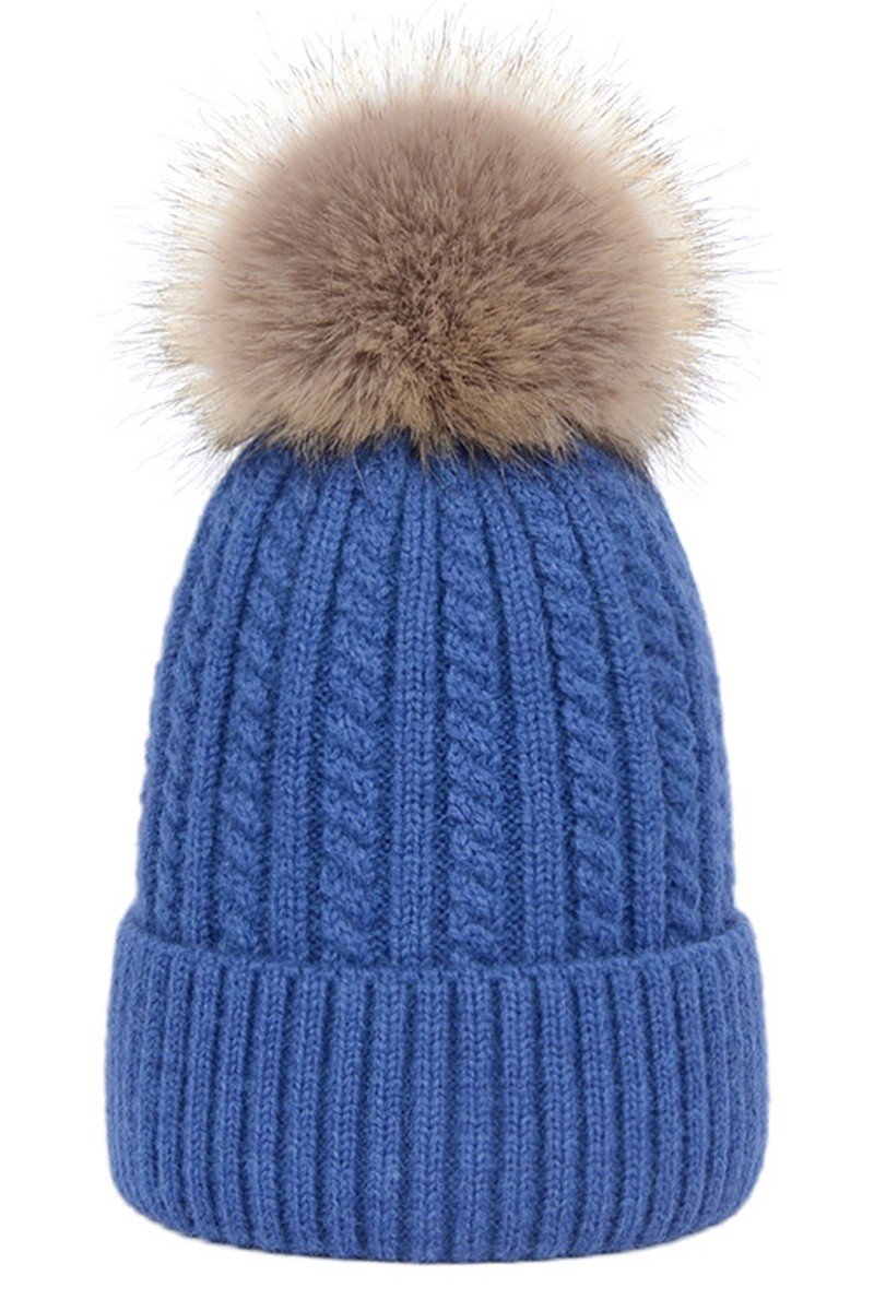 FLUFFY POM POM TWISTED CABLE KNIT BEANIE WARM HAT