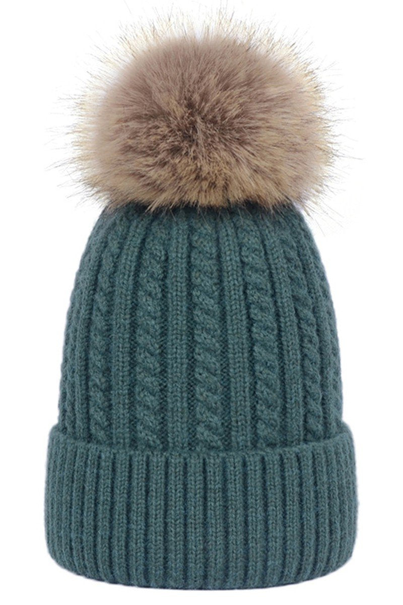 FLUFFY POM POM TWISTED CABLE KNIT BEANIE WARM HAT