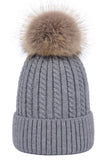 FLUFFY POM POM TWISTED CABLE KNIT BEANIE WARM HAT