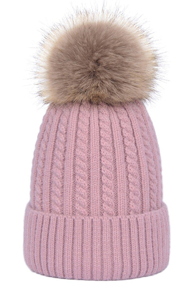 FLUFFY POM POM TWISTED CABLE KNIT BEANIE WARM HAT