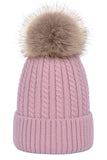 FLUFFY POM POM TWISTED CABLE KNIT BEANIE WARM HAT