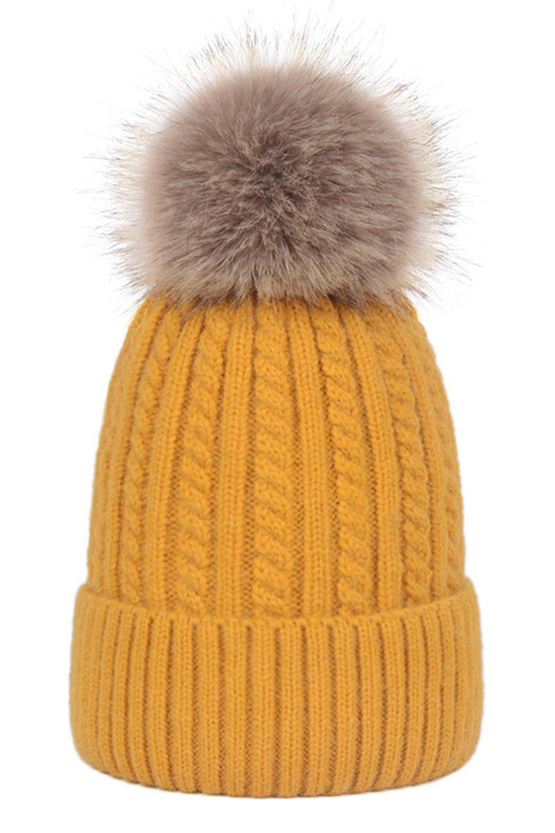 FLUFFY POM POM TWISTED CABLE KNIT BEANIE WARM HAT