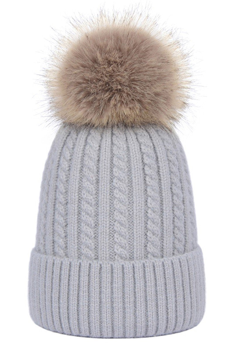 FLUFFY POM POM TWISTED CABLE KNIT BEANIE WARM HAT