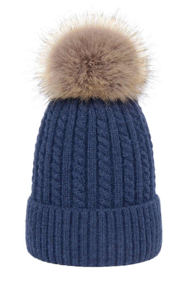 FLUFFY POM POM TWISTED CABLE KNIT BEANIE WARM HAT