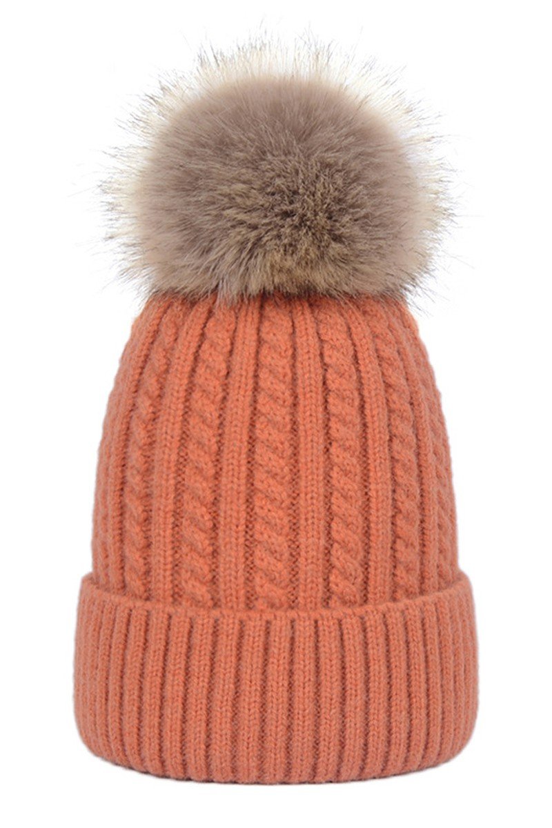 FLUFFY POM POM TWISTED CABLE KNIT BEANIE WARM HAT