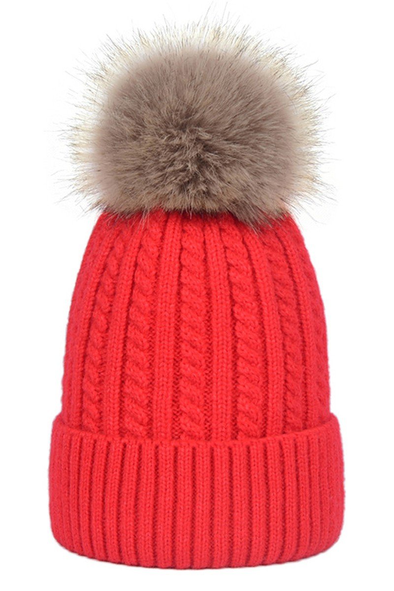 FLUFFY POM POM TWISTED CABLE KNIT BEANIE WARM HAT