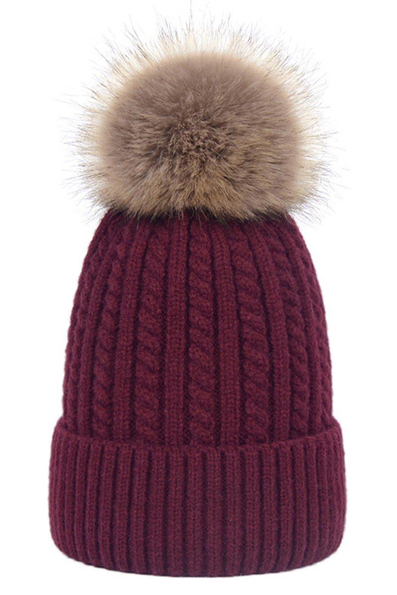 FLUFFY POM POM TWISTED CABLE KNIT BEANIE WARM HAT