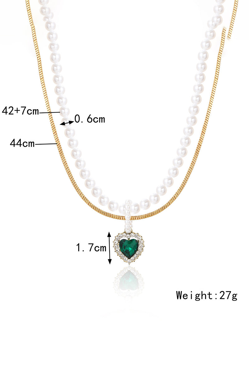 HEART CHARM FAUX PEARL BEADED NECKLACE