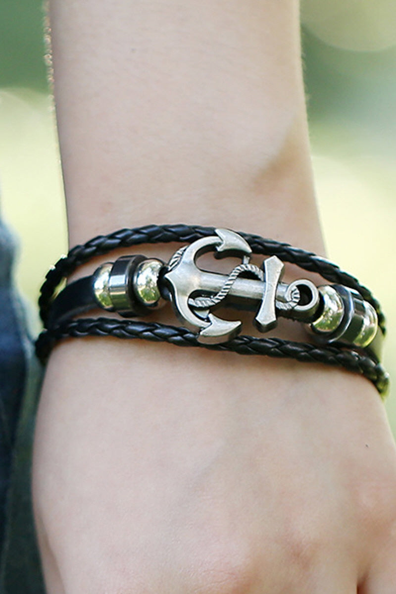 SIMPLE BRAIDED ANCHOR COWHIDE BRACELET