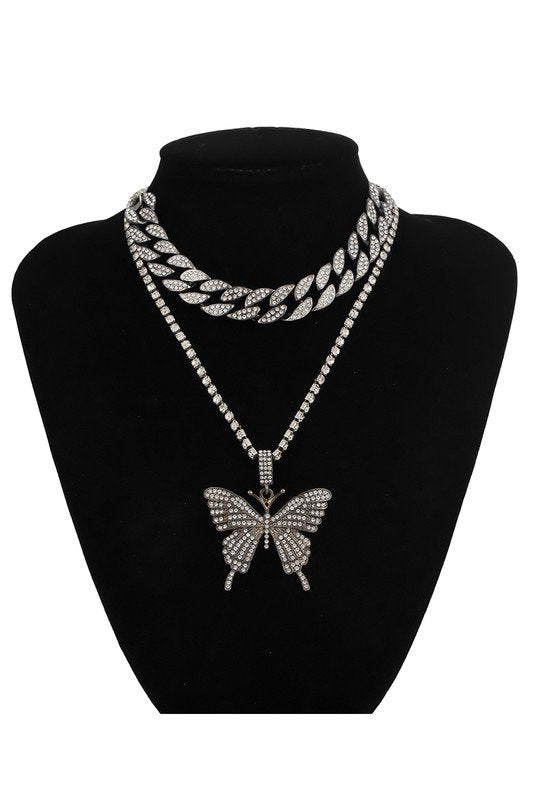 BIG BUTTERFLY PENDENT MULTI LAYER CHAIN NECKLACE