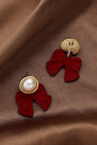SILVER NEEDLE WINE RED BOW PEARL EARRINGS