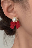 SILVER NEEDLE WINE RED BOW PEARL EARRINGS