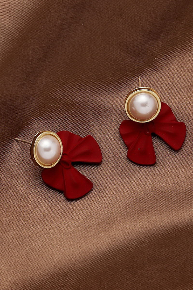 SILVER NEEDLE WINE RED BOW PEARL EARRINGS