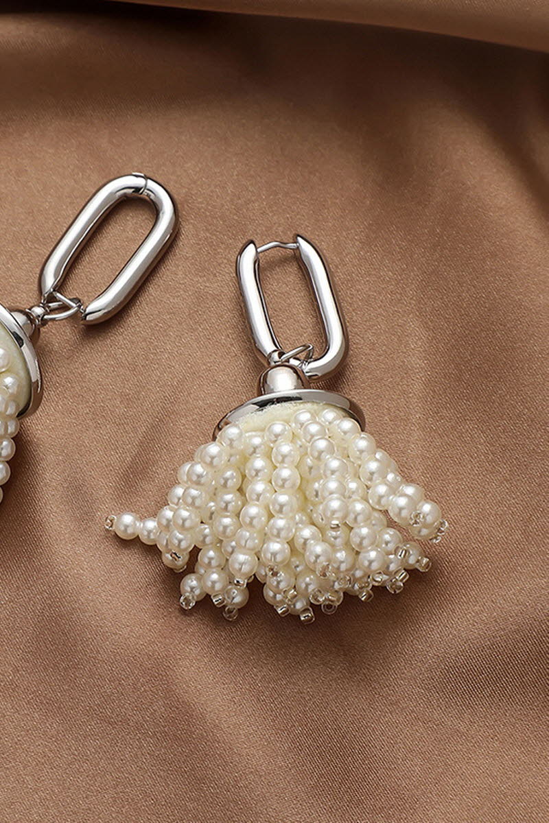 SILVER RING PEARL TASSEL EARRINGS