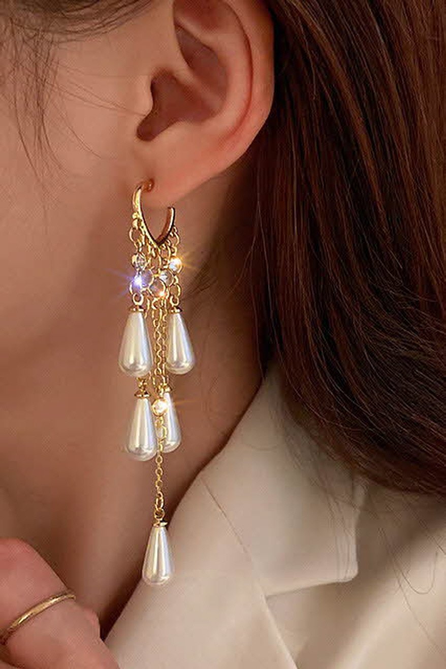 SILVER NEEDLE PEARL TASSEL RHINESTONE EARRINGS