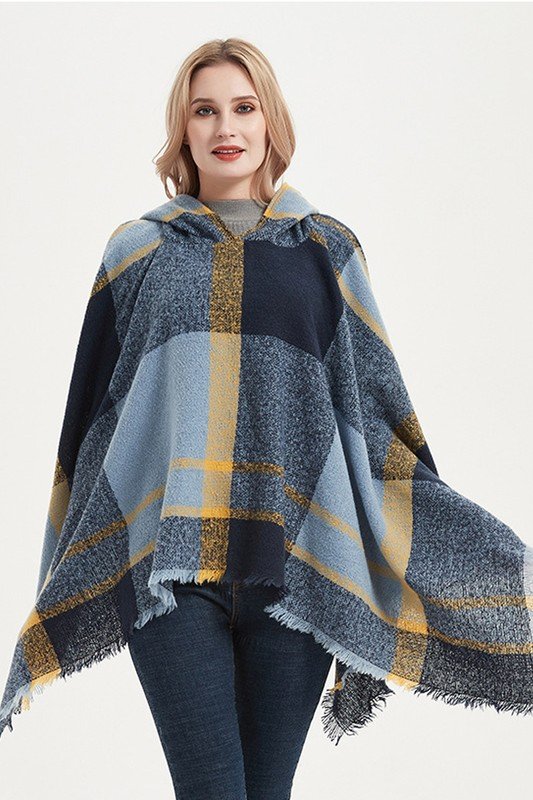 PLAID PATTERN TRENDY HOODED CAPE