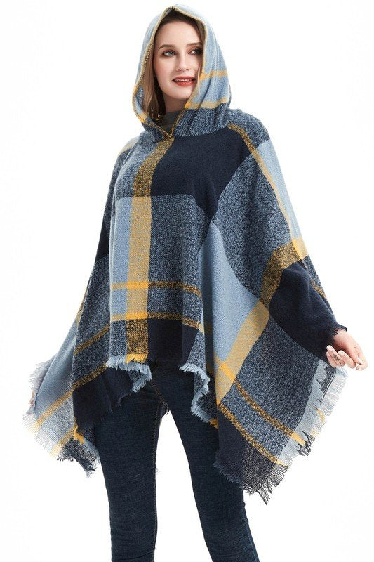 PLAID PATTERN TRENDY HOODED CAPE