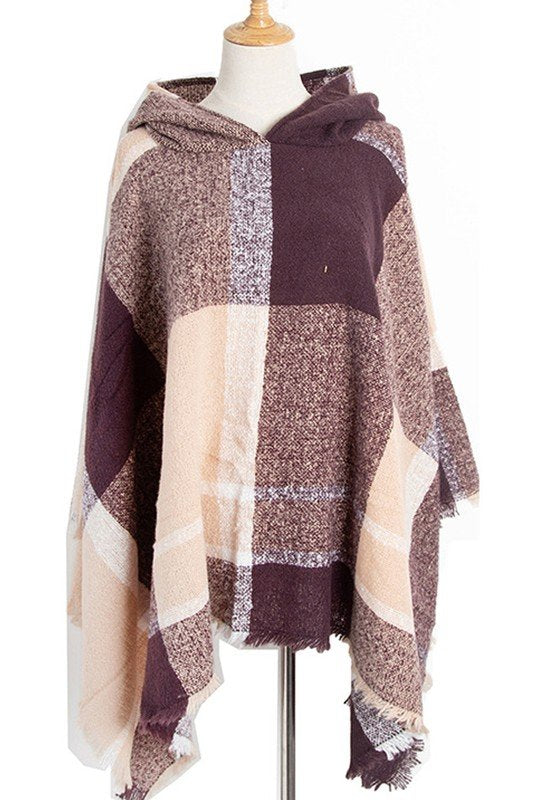 PLAID PATTERN TRENDY HOODED CAPE