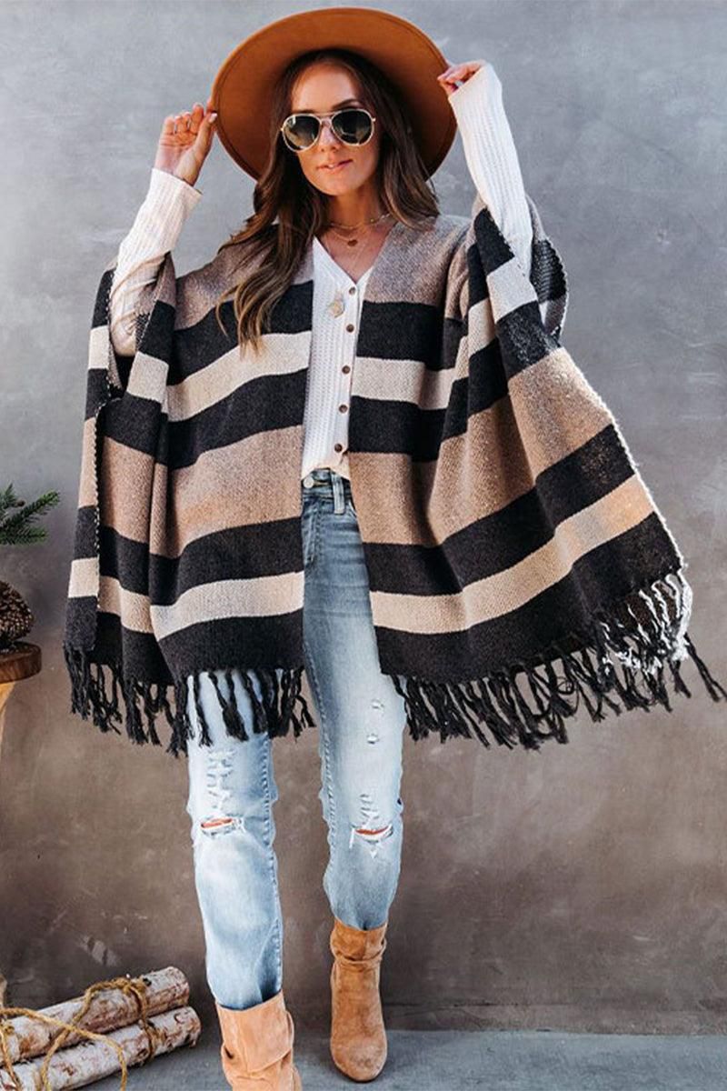 WOMEN COLOR BLOCK TASSLE DETAILED WRAP SHAWL - Doublju