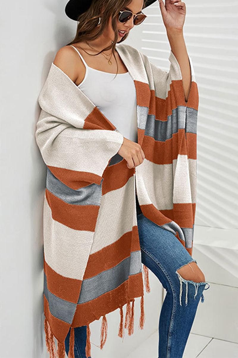 WOMEN COLOR BLOCK TASSLE DETAILED WRAP SHAWL - Doublju