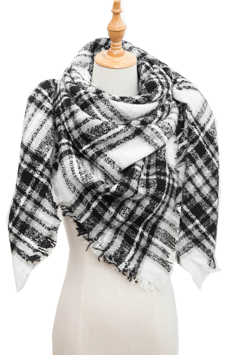 WOMEN WINTER TRIANGULAR PLAID SHAWL SCARF WITH WARM TASSELS