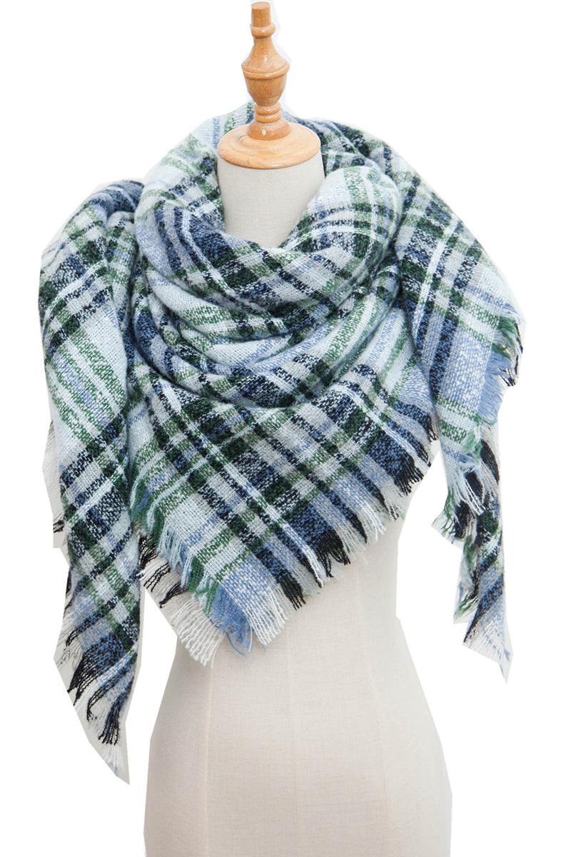 WOMEN WINTER TRIANGULAR PLAID SHAWL SCARF WITH WARM TASSELS