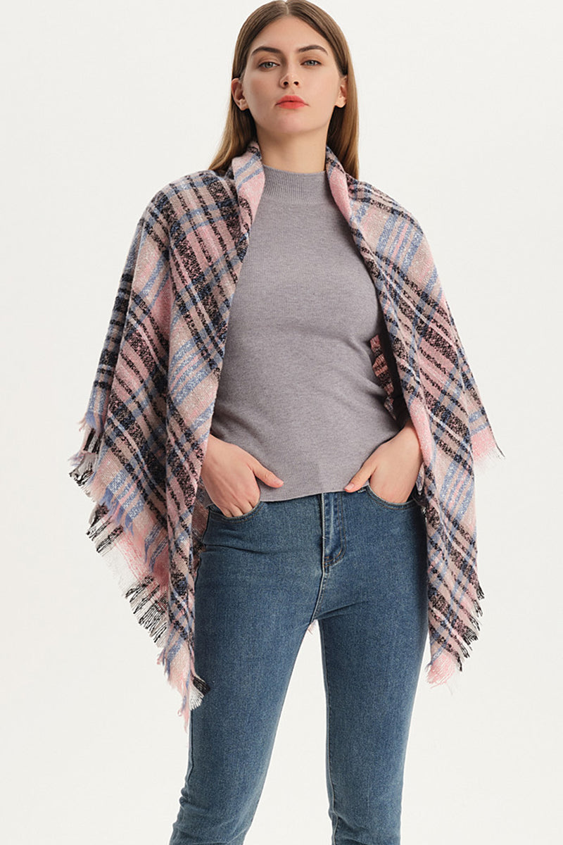 WOMEN WINTER TRIANGULAR PLAID SHAWL SCARF WITH WARM TASSELS