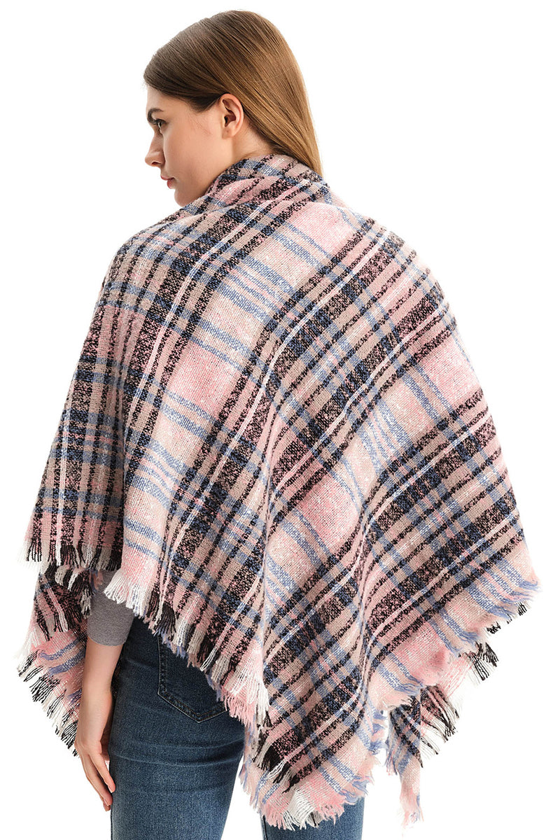 WOMEN WINTER TRIANGULAR PLAID SHAWL SCARF WITH WARM TASSELS