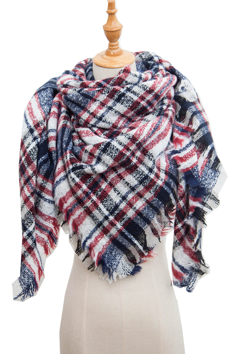 WOMEN WINTER TRIANGULAR PLAID SHAWL SCARF WITH WARM TASSELS