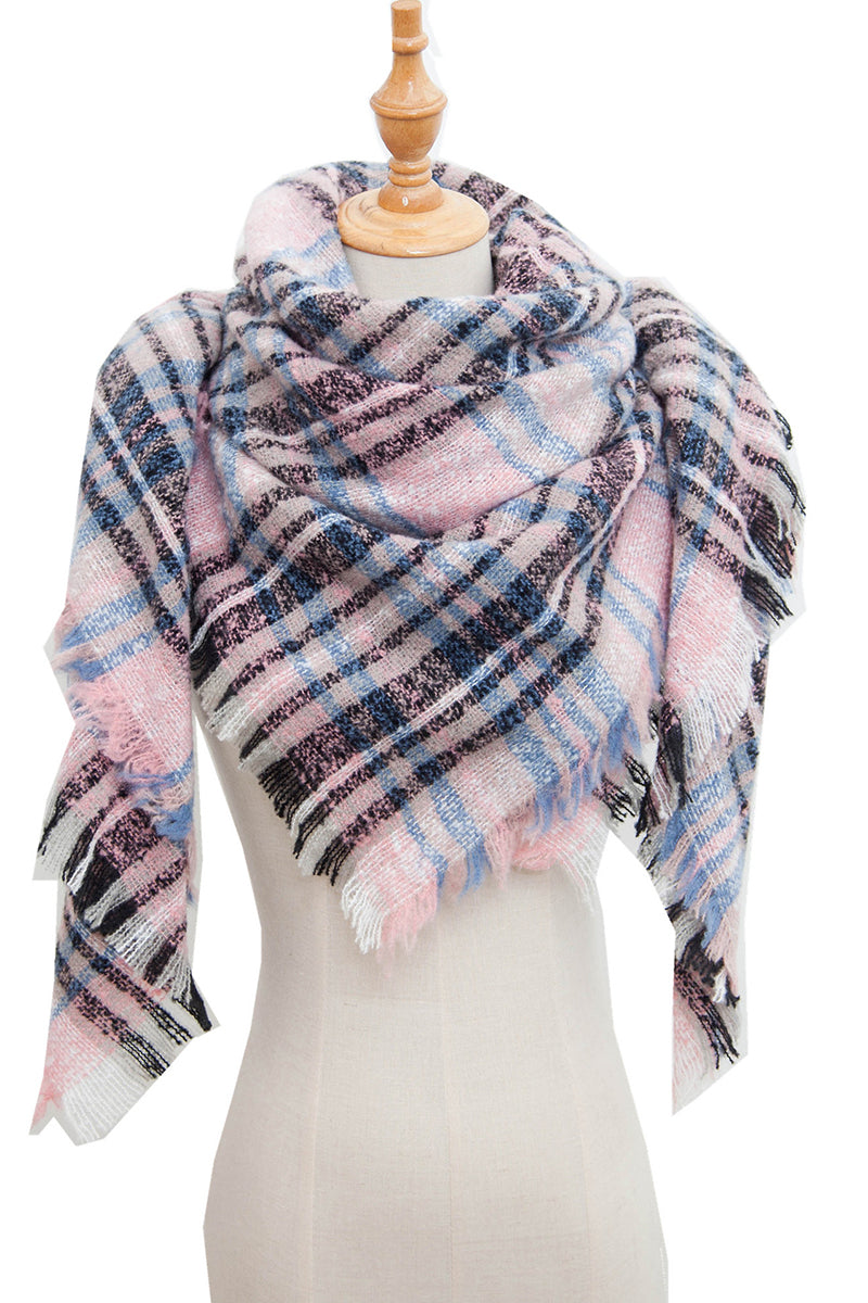 WOMEN WINTER TRIANGULAR PLAID SHAWL SCARF WITH WARM TASSELS