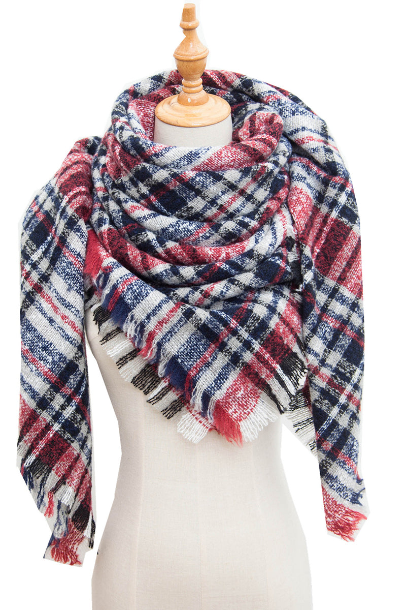 WOMEN WINTER TRIANGULAR PLAID SHAWL SCARF WITH WARM TASSELS