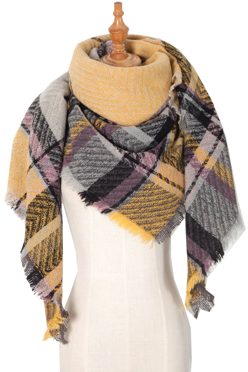 PLAID PATTERN RAW TRIM TRIANGULAR SCARF