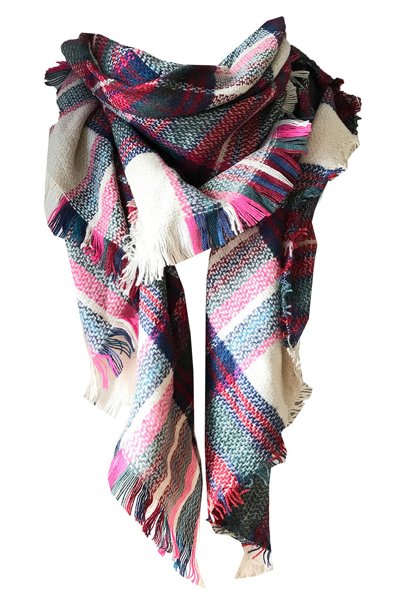 PLAID PATTERN RAW TRIM SHAWL SCARF