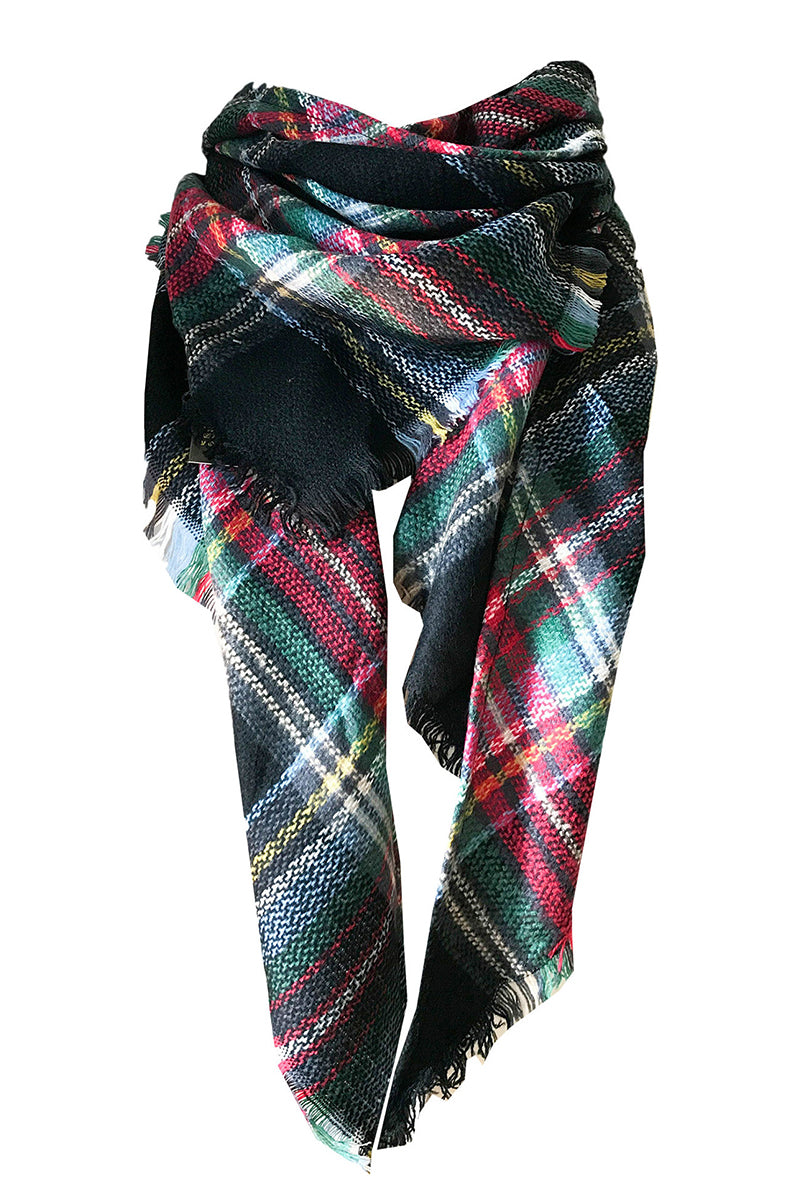 PLAID PATTERN RAW TRIM SHAWL SCARF