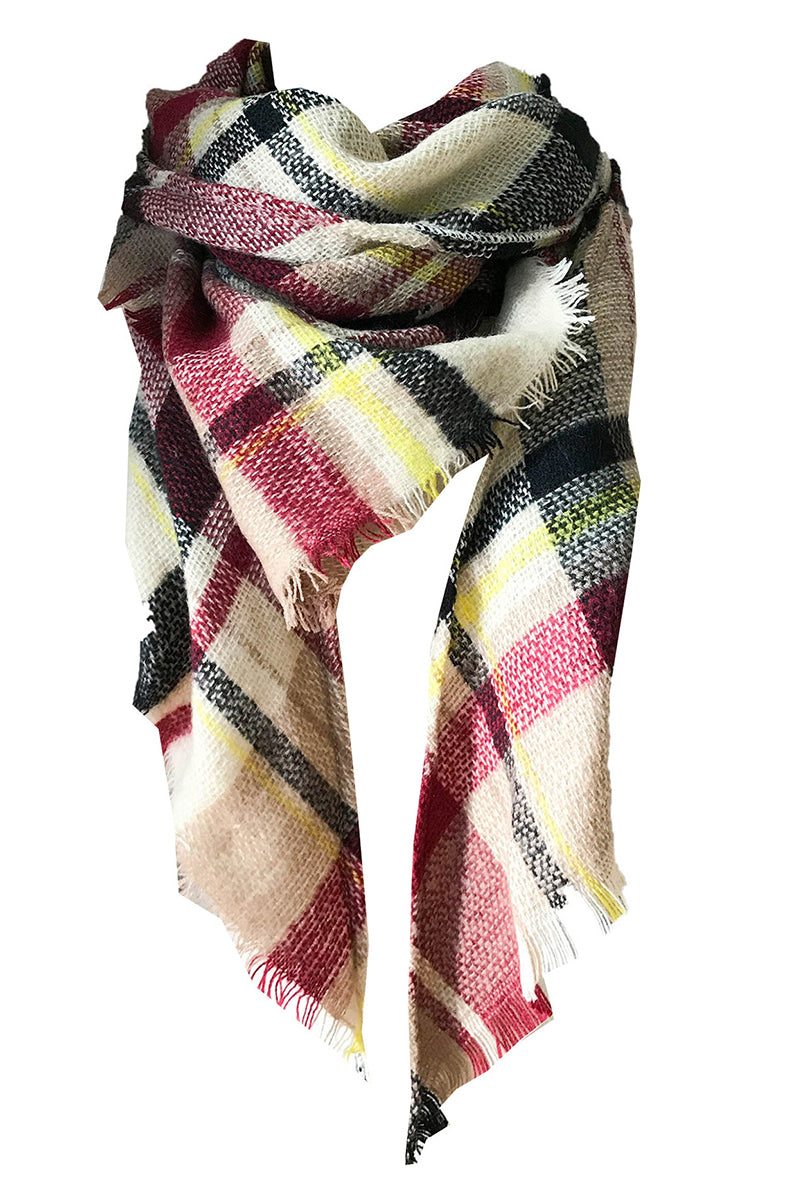 PLAID PATTERN RAW TRIM SHAWL SCARF