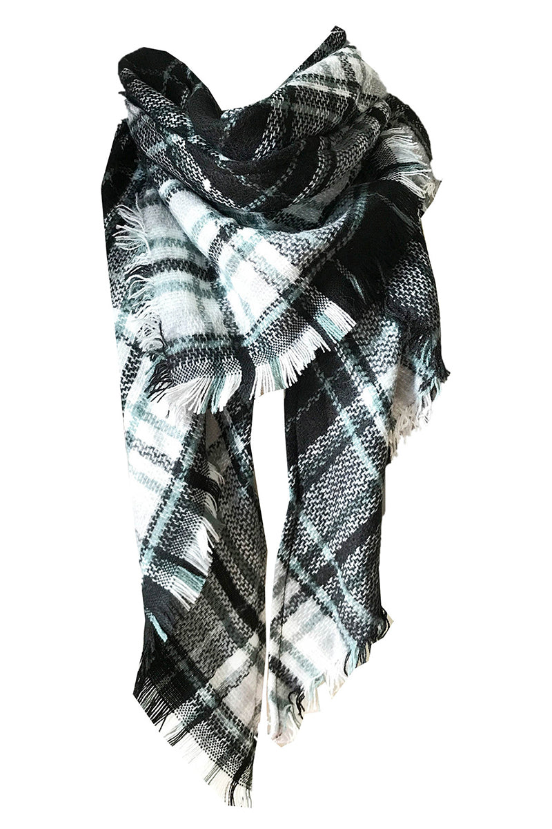 PLAID PATTERN RAW TRIM SHAWL SCARF